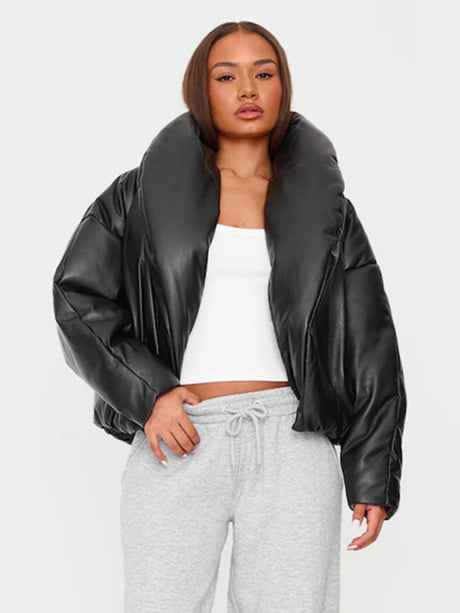 Leather Stand-up Collar Loose Crop Top Winter Coats