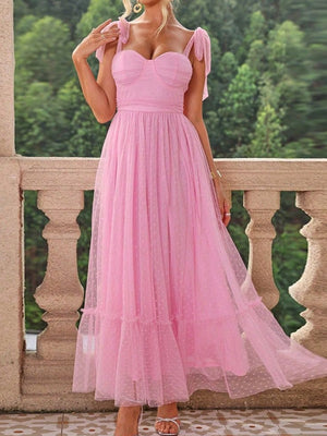 Polka Dots Strapless Shoulder Strap Mesh Splicing Sweet Maxi Dresses