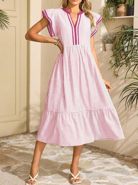 Striped Double-pleated Short-sleeved Color-blocked V-neck Midi Dress