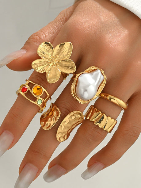6-piece Set Adjustable Opening Geometric Floral Design Inlaid With Irregular Pearls Rings