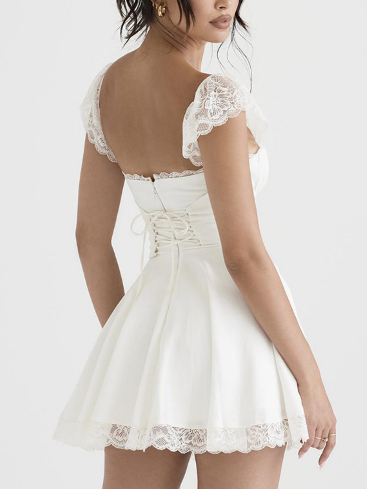 Lace Trim Square Neck Suspenders Slim-fit Backless Sweet Mini&Short Dresses