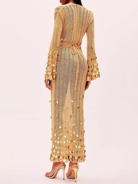 V-neck Waist-cinching Belt Sequins Knitting Maxi Dresses