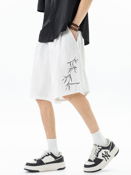 Imitation Linen Texture Printed New Chinese Style Five Points Shorts