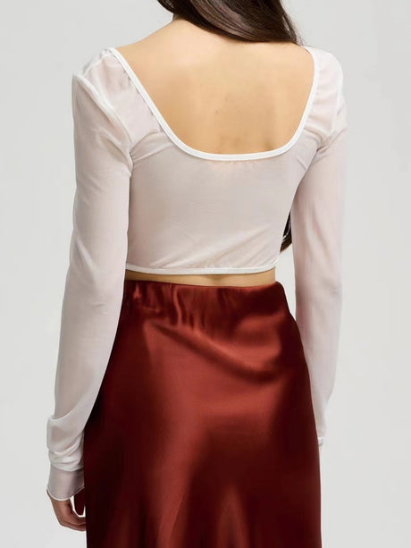 Lace See-through Herringbone Collar Spliced Long Sleeve Tops