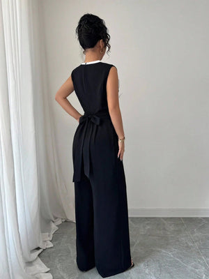 Embroidery Round Neck Sleeveless Wide-leg Jumpsuit