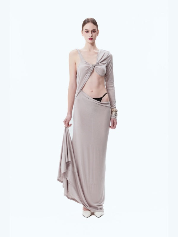 Midriff-baring, Padded-shoulder, One-sleeve, Floor-length Dress