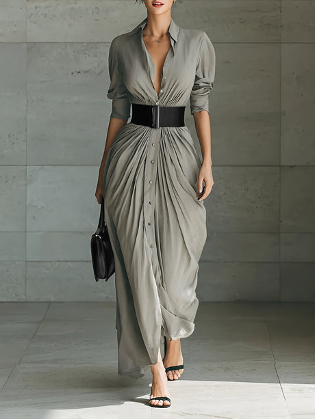 Long Collared Button-down Shirt Dress With Belt