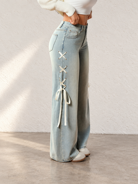 Women's Light-colored Washed Wide-leg Jeans With Side Laces For Autumn And Winter