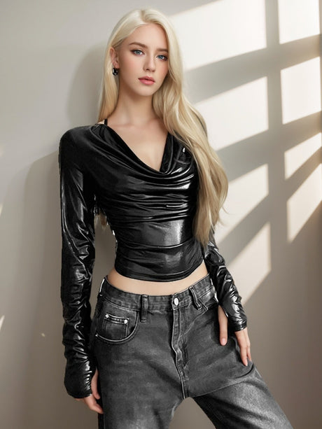 Draped Collar Metallic Paint Gathering T-shirts