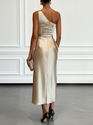 Off-the-shoulder Satin Pleated Midi Dress