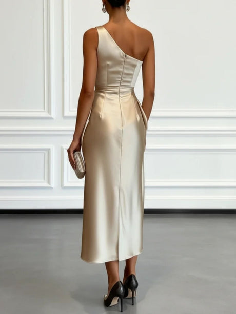 Off-the-shoulder Satin Pleated Midi Dress