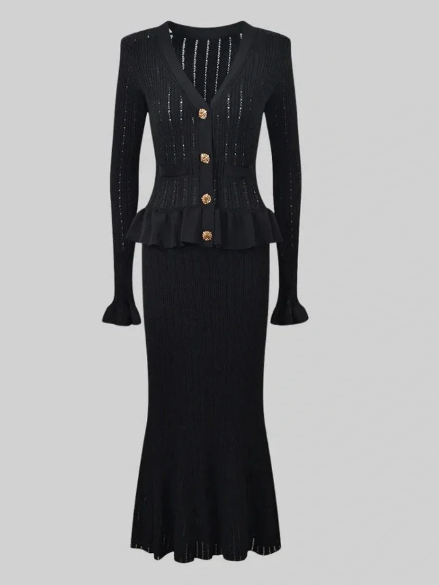 Waist Flared Sleeves Knitted Top Fishtail Skirt Workplace 2-piece Sets