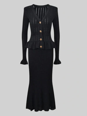 Waist Flared Sleeves Knitted Top Fishtail Skirt Workplace 2-piece Sets