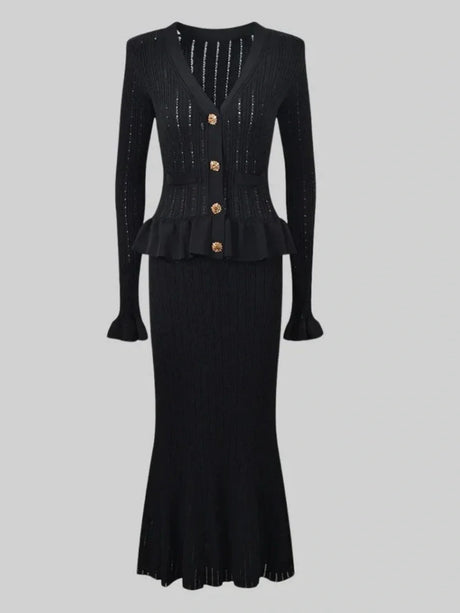 Waist Flared Sleeves Knitted Top Fishtail Skirt Workplace 2-piece Sets