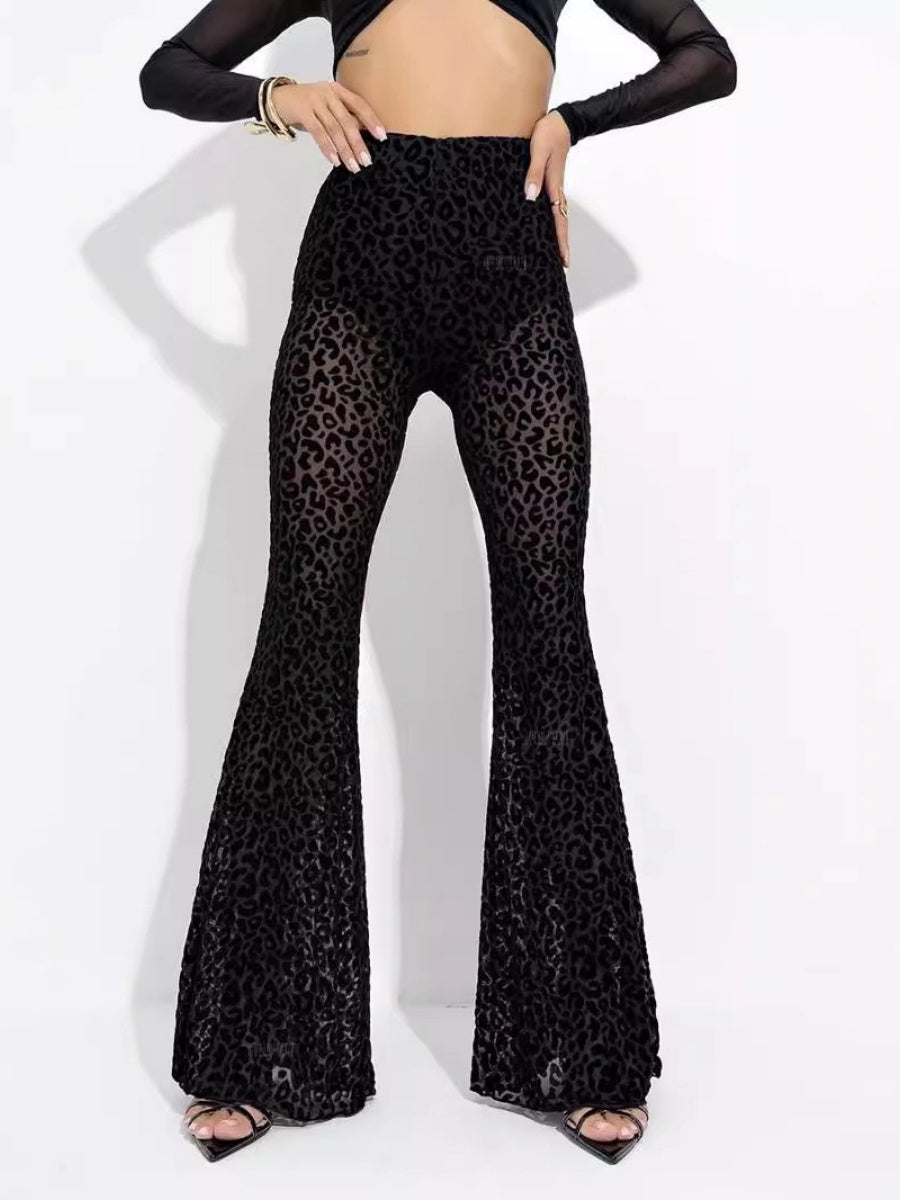 Perspective Mesh Flocked High-waisted Leg-lengthening Slightly Flared Casual Trousers