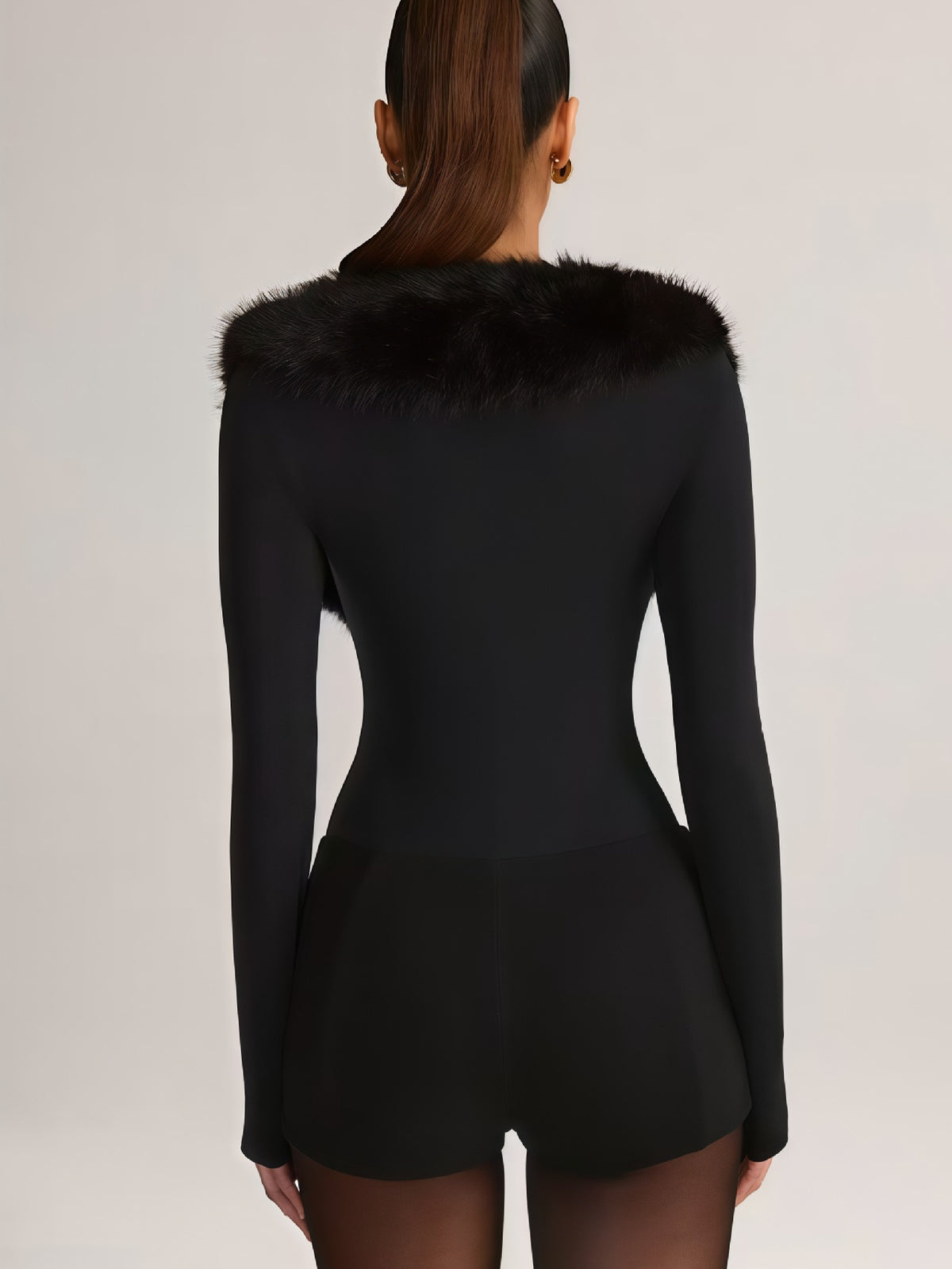 Fur-collar Deep V-neck Long-sleeved Zip-up Bodysuit