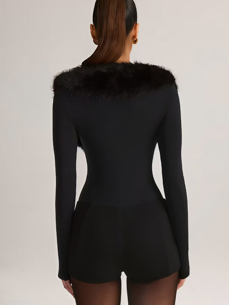 Fur-collar Deep V-neck Long-sleeved Zip-up Bodysuit