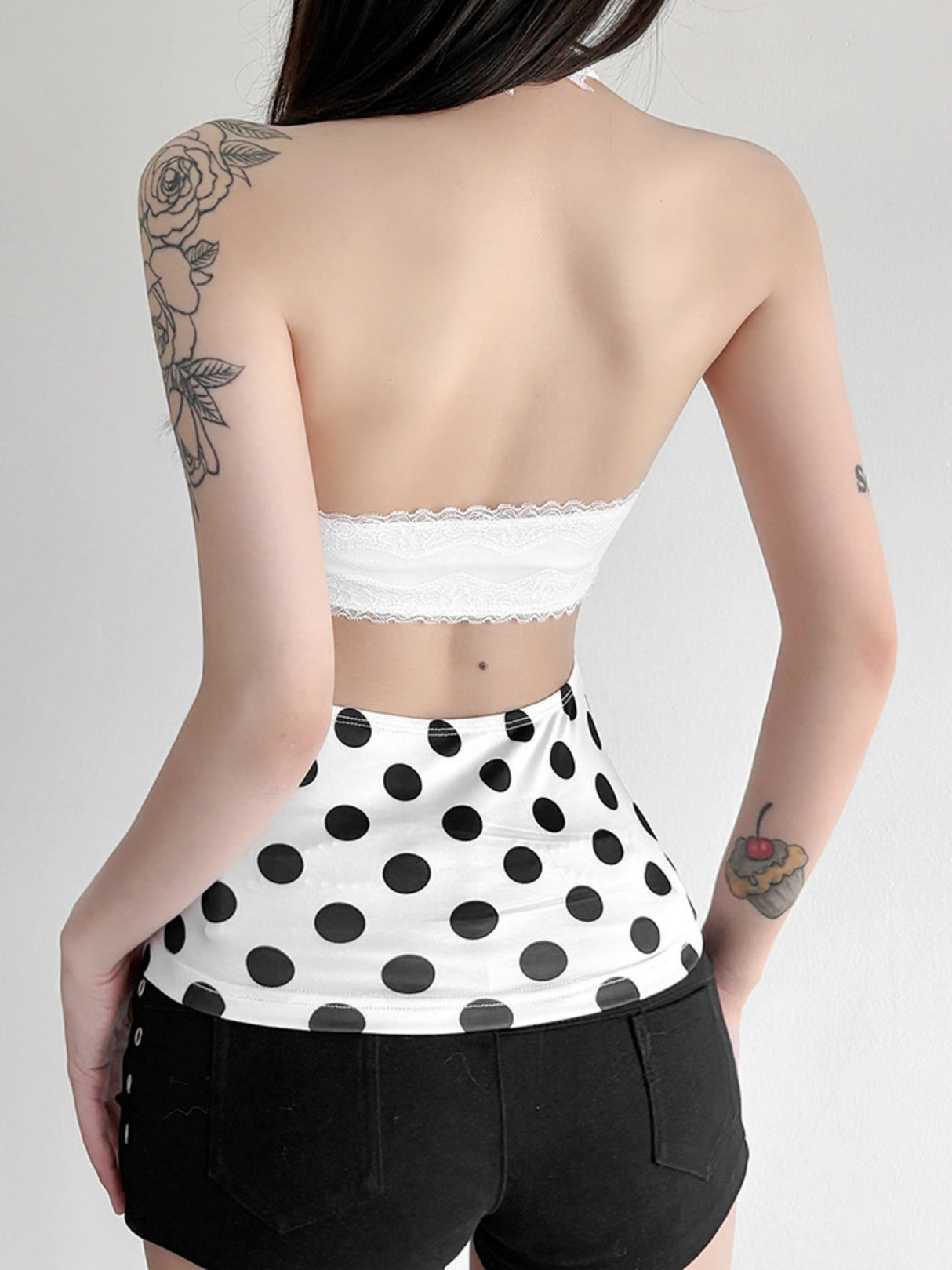 Polka Dots Halter Neck Waist Shaping Lace Patchwork Trim Tank Tops&Camis