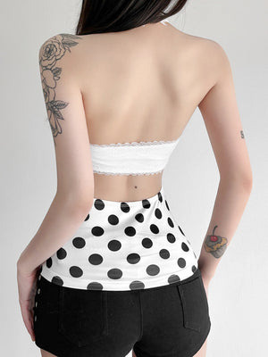 Polka Dots Halter Neck Waist Shaping Lace Patchwork Trim Tank Tops&Camis