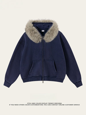 Gilet à capuche en polaire doublé, col en fourrure, coupe carrée et délavée