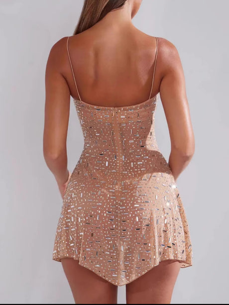 Rhinestone-studded Semi-transparent Camisoles Mini&Short Dresses