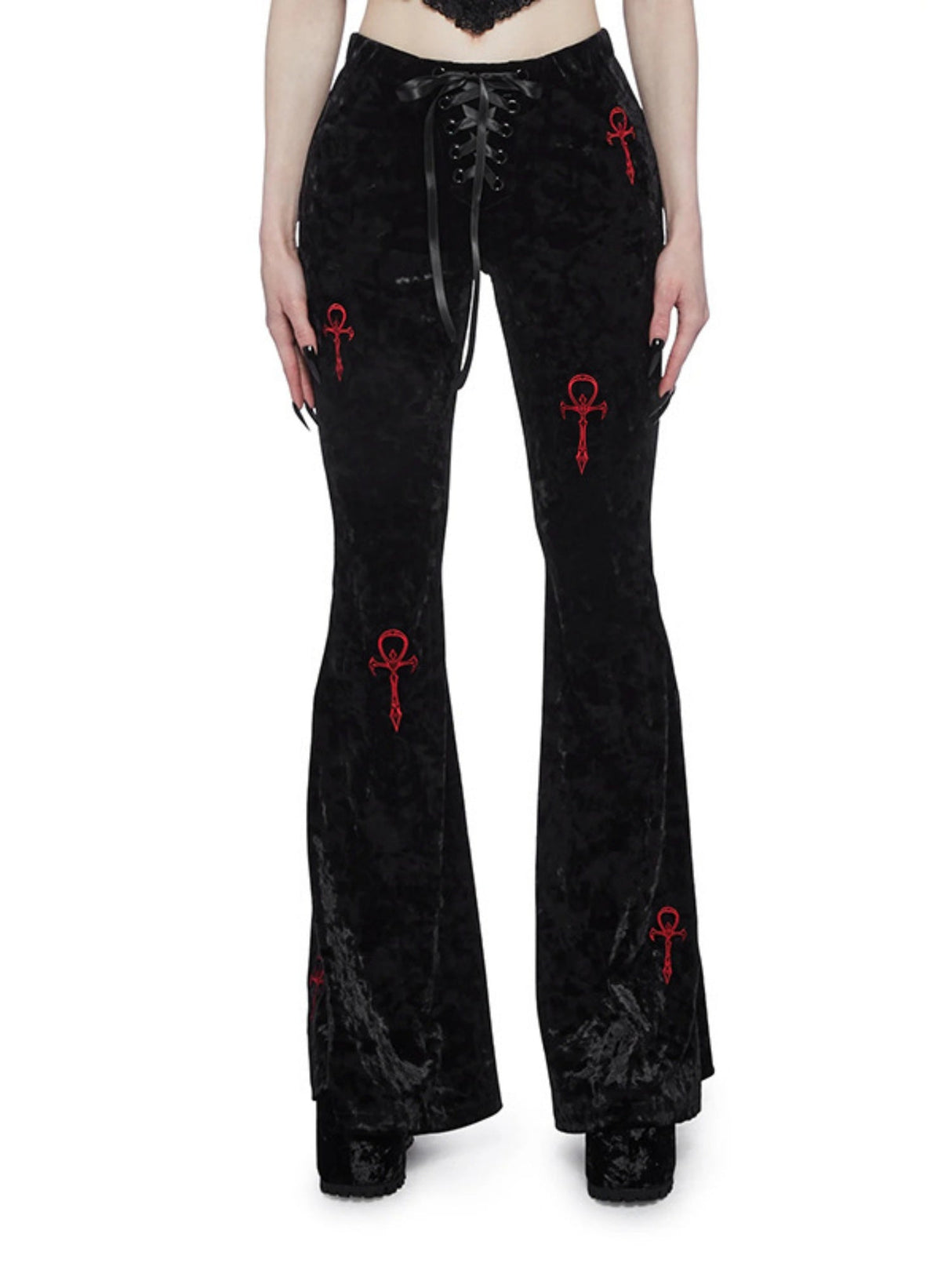 Y2K Velvet Ribbon Embroidery High-waisted Flared Pants Slimming Pants