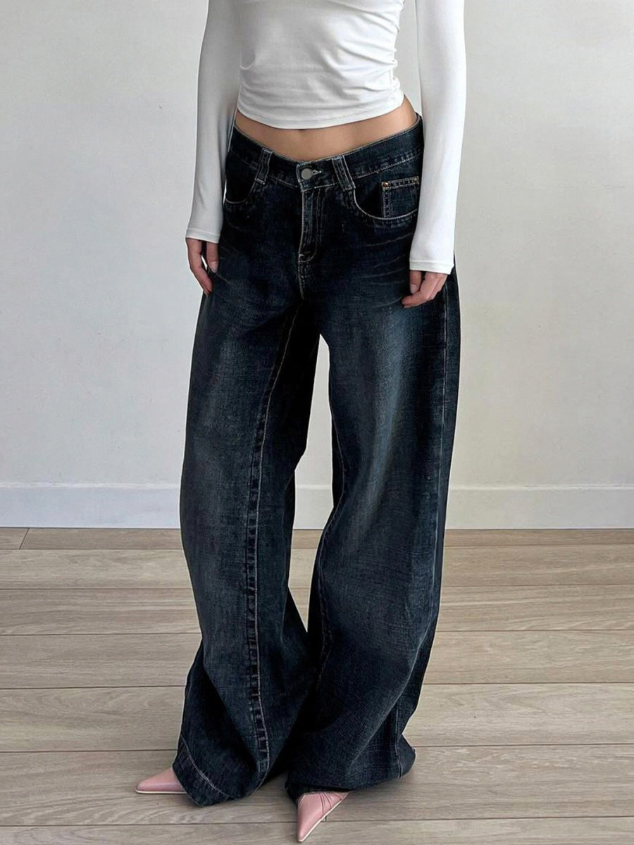 Zipper Wide Leg Mopping Jeans