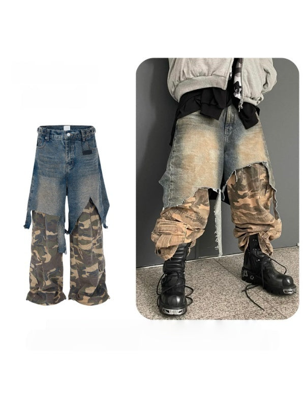 Retro Tattered Washing Camouflage Splicing Loose Work Jeans