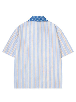 Cartoon Embroidery Vertical Stripe Hip Hop Loose-fit Color-blocked Shirts