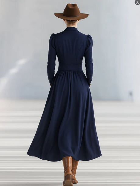 V-neck Puff Sleeve Long-sleeved Midi Dress