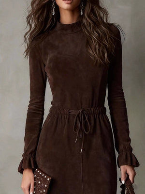 Dark Brown Double-sided Cashmere Long-sleeved Midi Dress