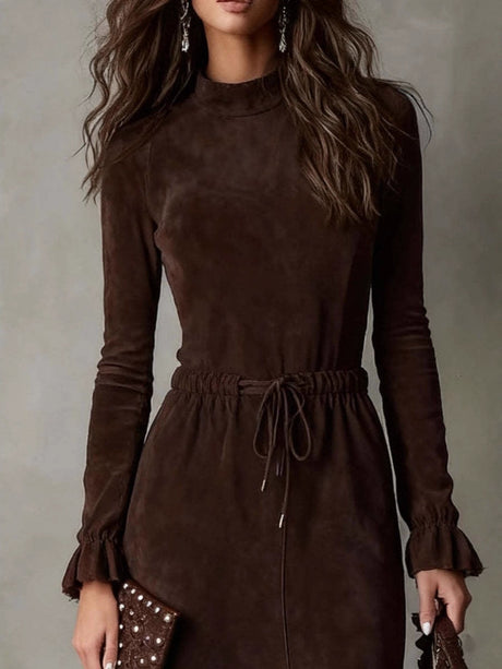 Dark Brown Double-sided Cashmere Long-sleeved Midi Dress