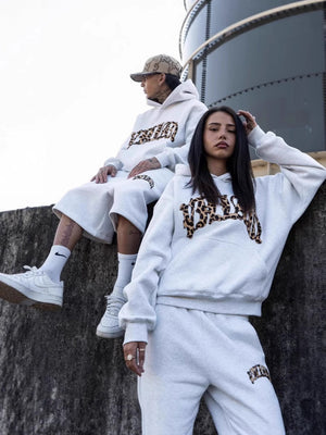 INS Leopard Print Letters Embroidery Hoodies Set