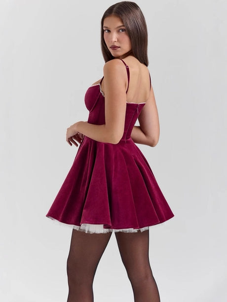 Velvet Mesh Splicing Camisoles Waist Mini&Short Dresses