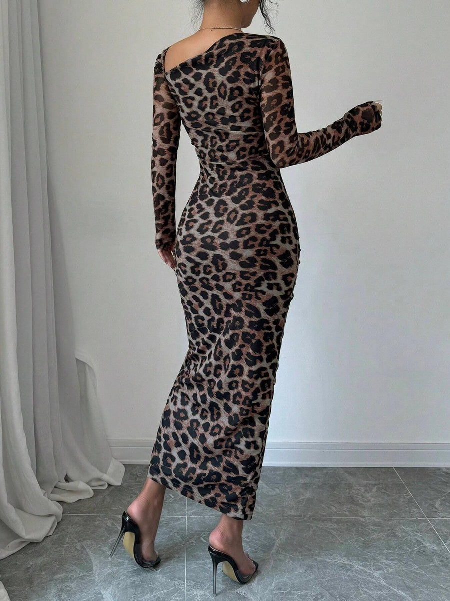 Long-sleeved, Slim-fit Leopard Print Drawstring Bodycon Top Mini&Short Dresses