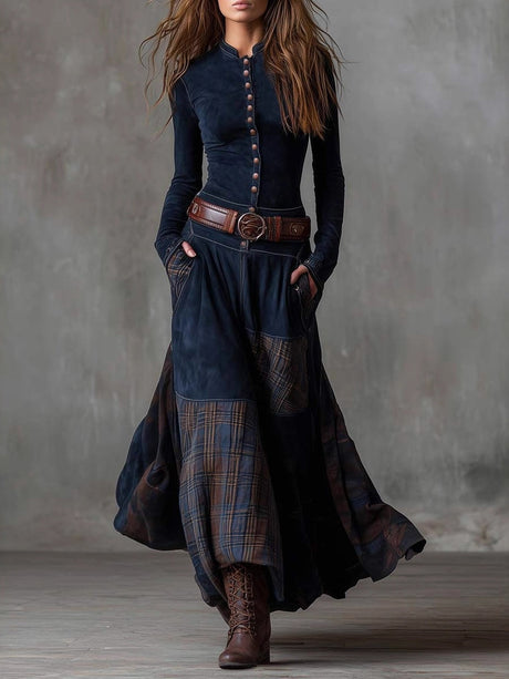 Suede Plaid Patchwork Pocket Buttons With Belt Maxi Dresses