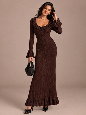 U-neck French Long-sleeved Simple Ruffled Knit Maxi Dress