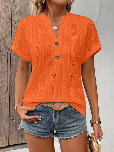 Knitting Buttons V-neck Short Sleeve T-shirts