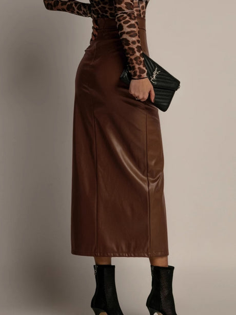 PU Leather High-waisted Side Slit Longline Skirts