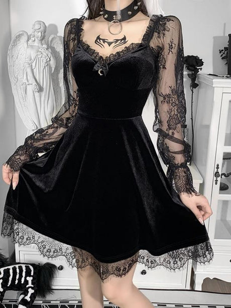 Halloween Lace Velvet Long Sleeve Midi Dresses