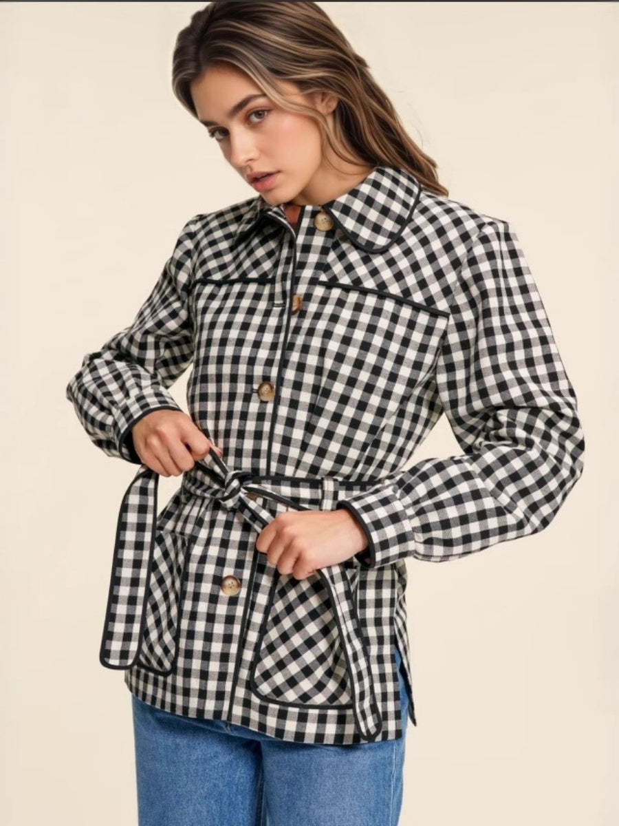 Liber Autumn women's plaid button belt patchwork jacket