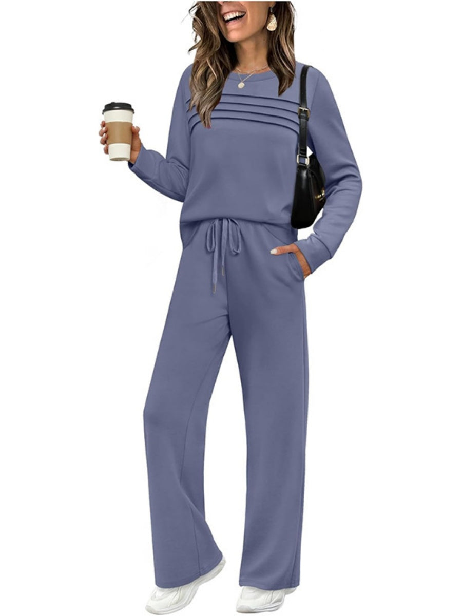 Long-sleeved Round Neck Top And Casual Elastic Waist Wide-leg Pants Two-piece Set