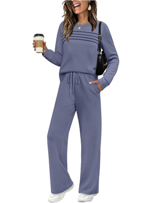 Long-sleeved Round Neck Top And Casual Elastic Waist Wide-leg Pants Two-piece Set
