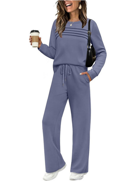 Long-sleeved Round Neck Top And Casual Elastic Waist Wide-leg Pants Two-piece Set