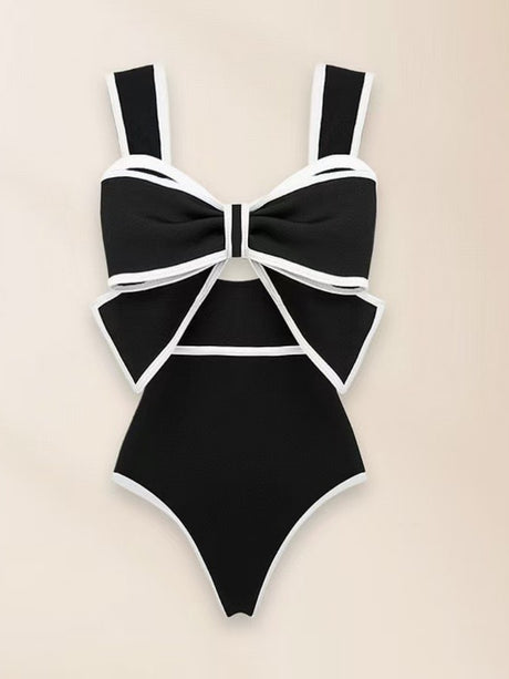 Black And White Color-blocked One-piece Swimsuit With Polka Dot Sun Protection Maxi Dress Two-piece Set