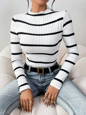 Stand Collar, Long Sleeve, Black And White Striped Brushed Ribbed Knit T-shirt/sweater