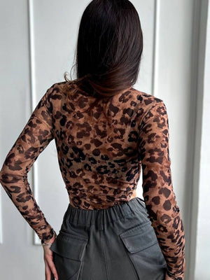 Leopard Print Mesh See-through Long Sleeves Bodysuits