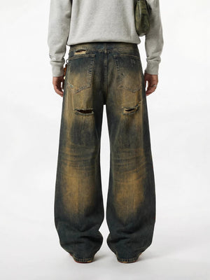 Retro Dirty Hole Red Diamond Distressed Jeans