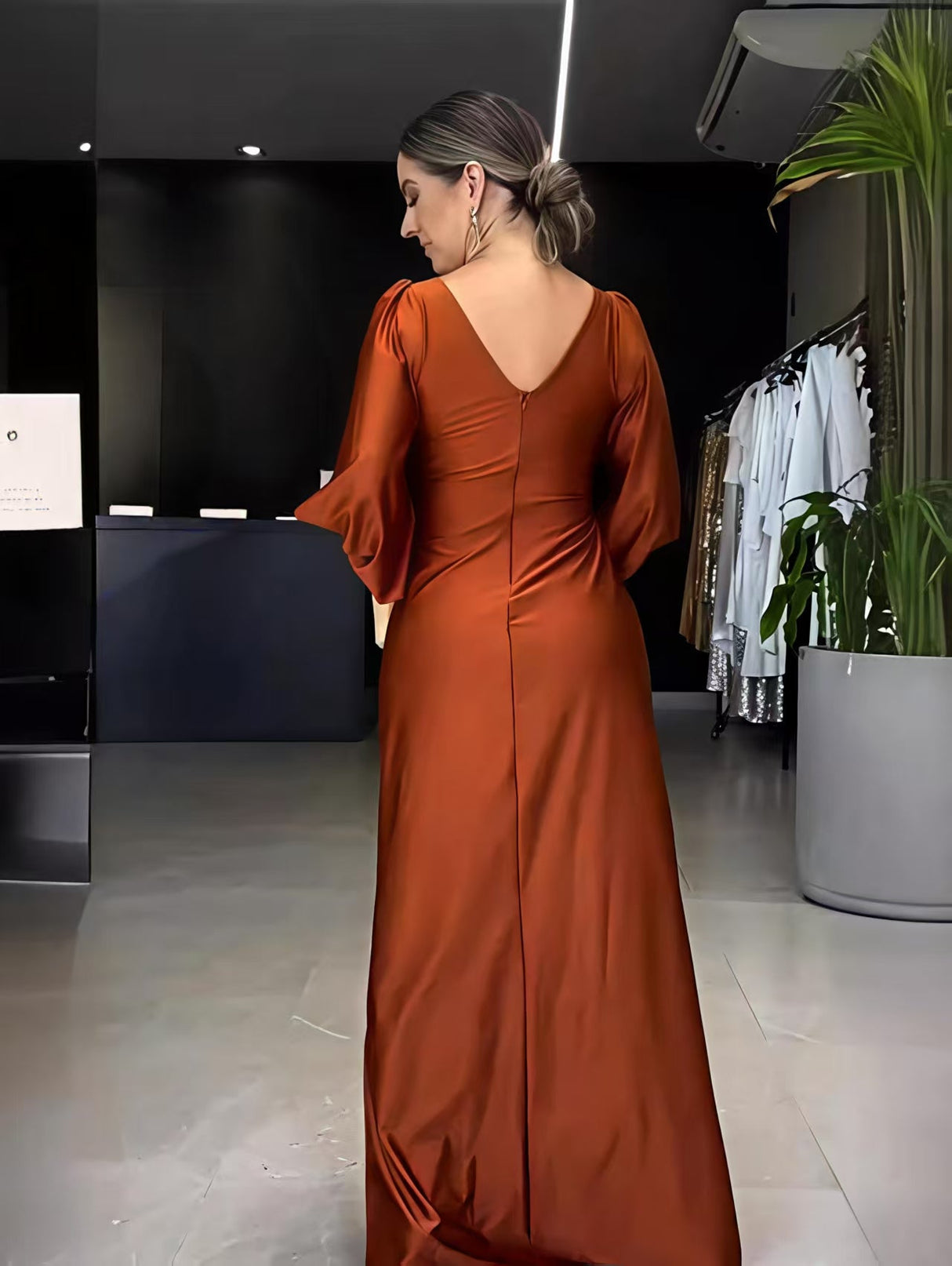 V-neck Solid Color Long Sleeve Slim Fit Slit Maxi Dresses