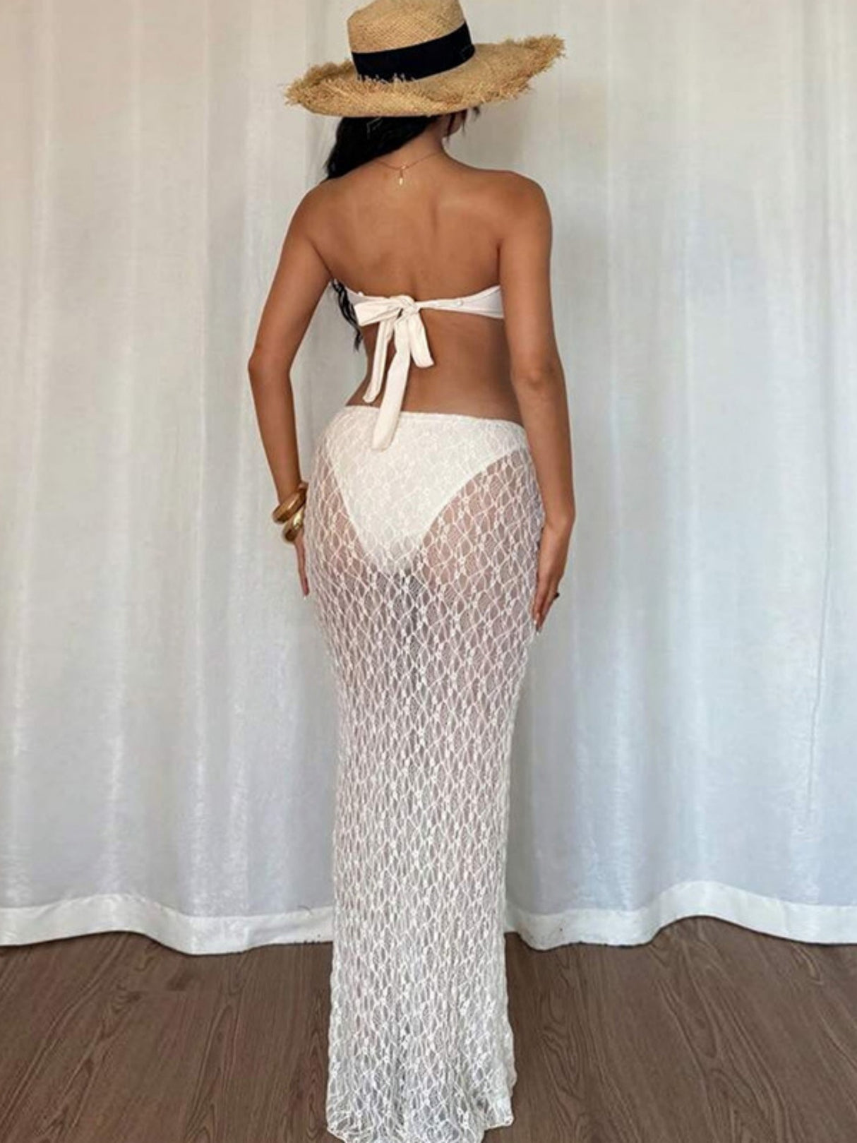 Lace Straps Pleated Navel Exposed Strapless Lace Maxi Dress 2-piece Sets